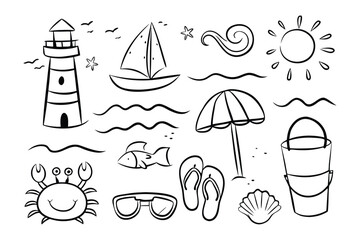 Sea elements drawing: A charming sketch of various sea elements, capturing the essence of a seaside vacation, evokes feelings of fun and relaxation. 