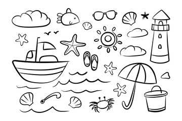 Drawn Beach Scene: A delightful, minimalist illustration captures the essence of summer with sketched elements of the coast, offering a whimsical, playful vibe.