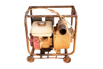 Old water pump motor isolated on cut out PNG or transparent background for farmers to suck water from pond for agricultural purposes on concrete floor. Industrial water technology.