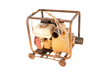 Old water pump motor isolated on cut out PNG or transparent background.  Industrial water technology. For farmers to suck water from pond for agricultural purposes on concrete floor