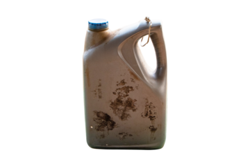 Old plastic gallon of engine oil grey container with green cover isolated on cutout PNG or transparent background. Used dirty plastic cans for fuel storage.
