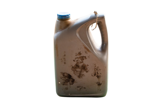 Old plastic gallon of engine oil grey container with green cover isolated on cutout PNG or transparent background. Used dirty plastic cans for fuel storage.