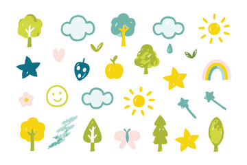 Whimsical Nature Elements: A collection of hand-drawn, playful illustrations of trees, clouds, stars, and sunshine, offering a vibrant aesthetic.