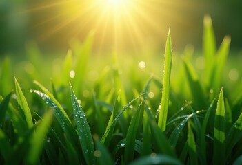 Fototapeta premium lush green grass blades dew droplets refreshing morning nature close, moisture, meadow, field, leaf, flora, plant, spring, landscape, vibrant, water