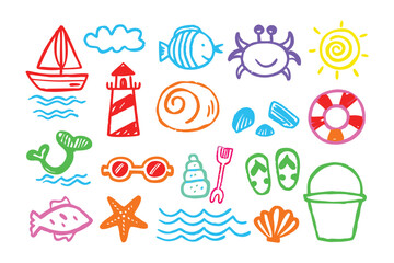 Hand-Drawn Beach Icons: A collection of playful and vibrant hand-drawn icons showcasing the fun and joy of a beach vacation, with a whimsical feel and a splash of color.