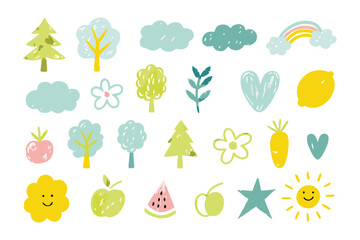 Whimsical Garden Elements: Hand-drawn collection of charming garden elements, including trees, clouds, rainbows, flowers, fruits, and a smiling sun, creating a playful and inviting atmosphere