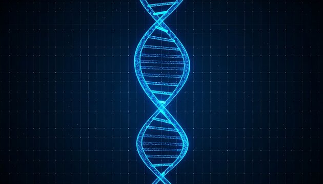 DNA double helix, glowing blue, grid background