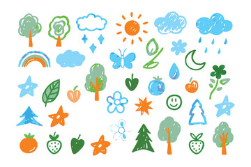 Whimsical Elements in Illustration: A collection of playfully drawn icons evokes the purity of nature. Elements of nature are illustrated in vibrant crayon style and a whimsical touch.