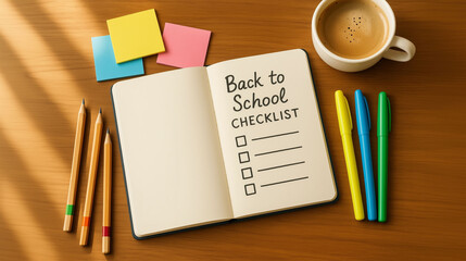 Back to school checklist with notebook and supplies on desk showing end of summer vacation preparation and student transition into new academic year with classroom planning and study organization