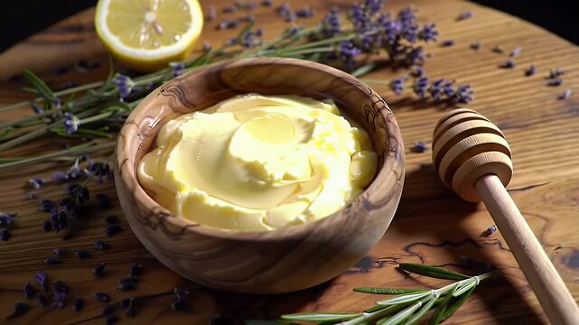 Bowl with Creamy Shea Butter Lemon Lavender and Honey Dipper on Rustic Wood Surface Close Up Still Life