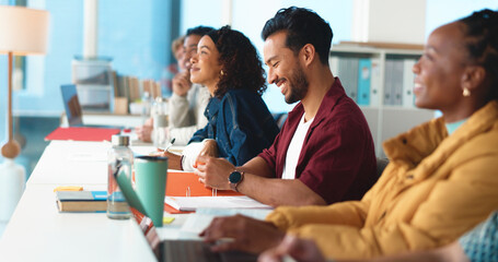 University, man and students in classroom, smile and learning with project. Happy people, men and women with education, college and academy with development, scholarship and assignment with joke