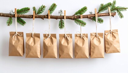 Rustic Christmas Advent Calendar: Six Brown Paper Bags Hanging from a Twigs with Pine Branches