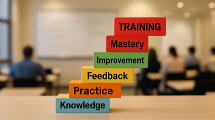 Training and development concept with colorful blocks labeled knowledge practice feedback improvement and mastery in classroom background showing education process growth and learning progress