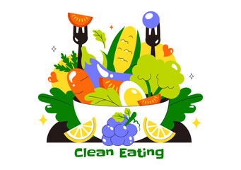 Clean Eating Vector Illustration featuring Fresh Organic Vegetables and Fruits for a Healthy Daily Diet and Balanced Lifestyle in a Flat Background