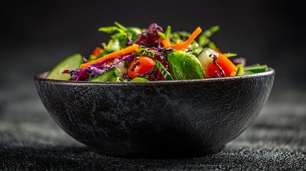 Vibrant salad bowl on textured black background with soft lighting