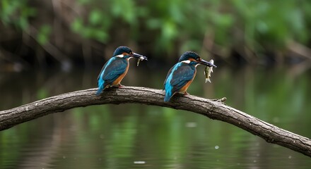 Kingfishers on Branch – Nature Bird Photo with Fish, bird, kingfisher, nature, wildlife, animal, blue, bee, green, wild, bee-eater, colorful, branch, birds