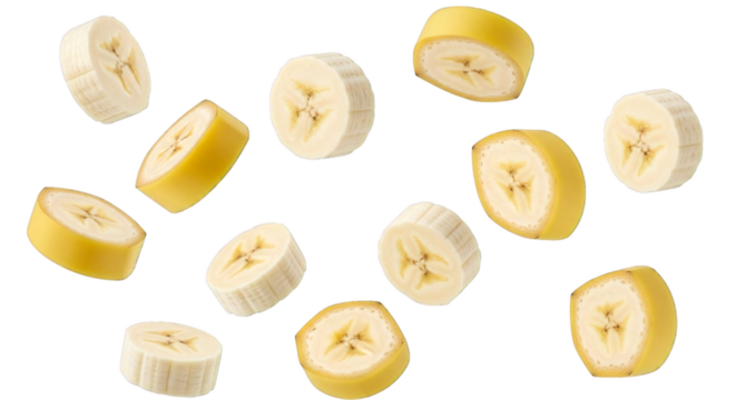 Sliced banana pieces in dynamic arrangement providing a vibrant fruit composition on transparent background