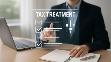 Fototapeta premium Tax treatment interface with business professional exploring financial decision control options planning and taxation policy concept in virtual accounting environment