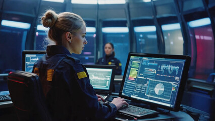 Technology Professionals at Work: A focused team of professionals navigates intricate data displays and computer interfaces within a cutting-edge technological environment.