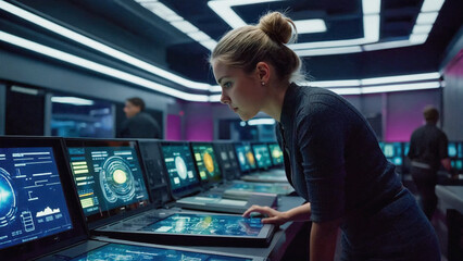 Tech Command: A focused woman meticulously monitors a complex array of computer screens within a futuristic control room.