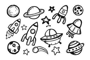 Cosmic Doodle Art: Playful space doodles. Explore a whimsical universe with rockets, planets, stars, and flying saucers. A creative and joyful journey