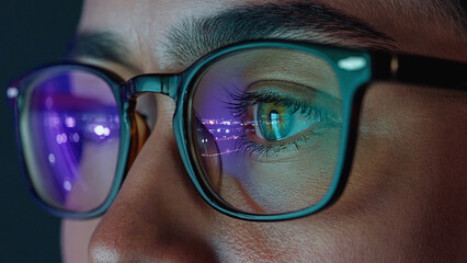 Eye with Glasses and Reflection: Close-up of an eye wearing glasses with an immersive reflection, a glimpse into the digital world. Capturing the intensity of focus.