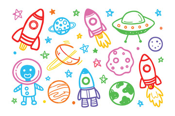Cosmic Adventure: Whimsical illustrations of rockets, planets, and a friendly astronaut create a vibrant and playful scene of space exploration, perfect for sparking imagination and wonder.