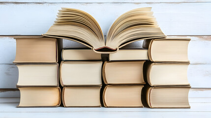 Naklejka premium Open book on top of a stack of closed books on a white wooden surface.