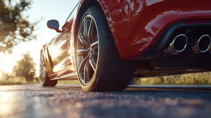 Red Sports Car on a Road at Sunset