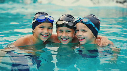Young boys smiling swimming pool water fun happy children friends summer swim school vacation recreation aquatic sports kids leisure healthy active lifestyle