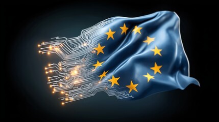 European Union flag dissolving into digital particles with golden stars on a windy cloudy background in a conceptual motion design, Generative AI