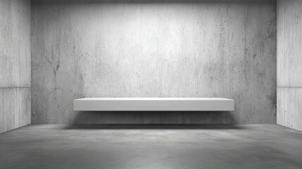 A minimalist concrete room showcases a floating white shelf against a smooth grey wall. Natural light fills the space, highlighting the clean lines and simple design.