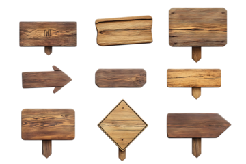 Collection of various rustic wooden signs and direction arrow isolated on white or transparent png for design elements and wayfinding