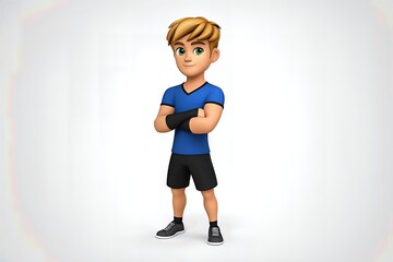 3D Render of Athletic Young Man with Blond Hair in Blue Shirt and Black Shorts