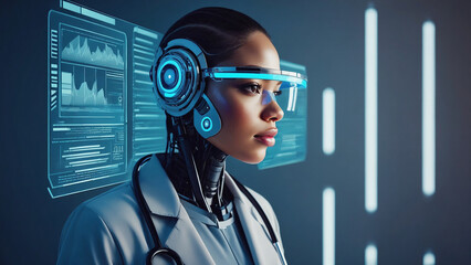 AI powered physician analyzing complex medical data using futuristic augmented reality interface developing advanced healthcare solutions