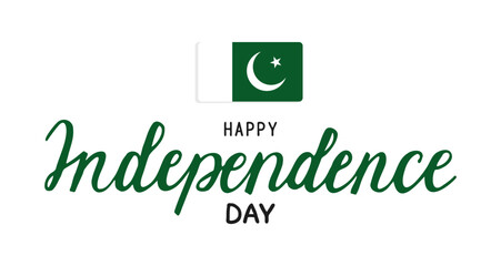 Pakistan Independence Day Calligraphy Lettering. Text banner template. Hand drawn. Script for poster, social media post, project. Flag and Handwritten Words. Flat style