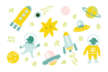 Cosmic Adventure: Explore the vastness of space with vibrant illustrations of rockets, planets, and extraterrestrial life forms, sparking imagination and wonder. © Ajhar234