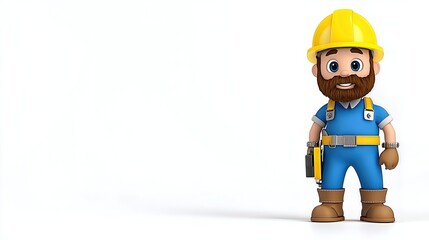 Cartoon Construction Worker Blue Overalls, Yellow Hard Hat, White Background