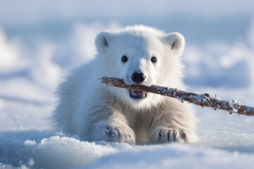 Naklejka premium Cute Polar Bear Cub Playing Stick