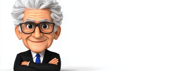 Cartoon Elderly Man in Suit, Arms Crossed, White Background