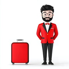 Cartoon Man in Red Suit with Suitcase Ready to Travel