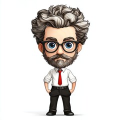 Cartoon Man with Curly Gray Hair and Glasses