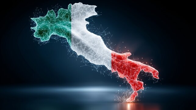 Glowing polygonal digital map of Italy in tricolor theme with luminous network effect on futuristic dark grid background, Generative AI