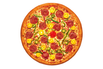 a pepperoni pizza with peppers and peppers on it