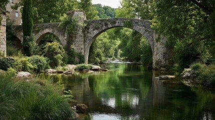 Picturesque stone bridge crossing a serene river surrounded by lush greenery in a tranquil setting