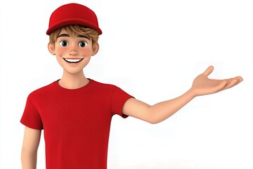 Cheerful Cartoon Boy in Red Welcomes with Open Hand