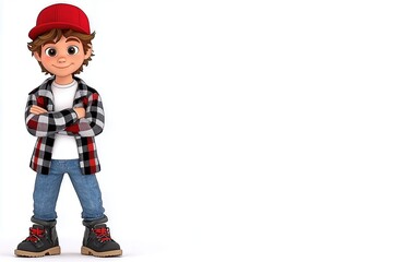 Cheerful Cartoon Boy in Red Cap and Plaid Shirt