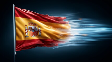 Dynamic flowing Spanish flag with glowing light streaks and luminous abstract waves creating a futuristic speed and motion effect, Generative AI