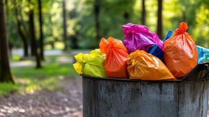 Overflowing metal bin with weathered paint and colorful plastic bags in a neglected park