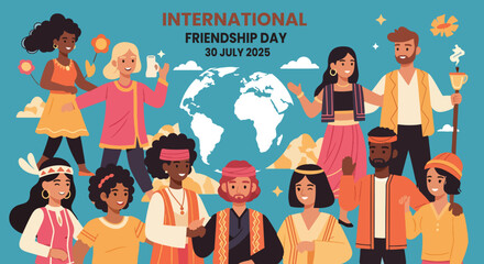 International Friendship Day 2025: Global Connections & Cultural Harmony. Diverse people from around the world celebrating unity and friendship with a world map backdrop.